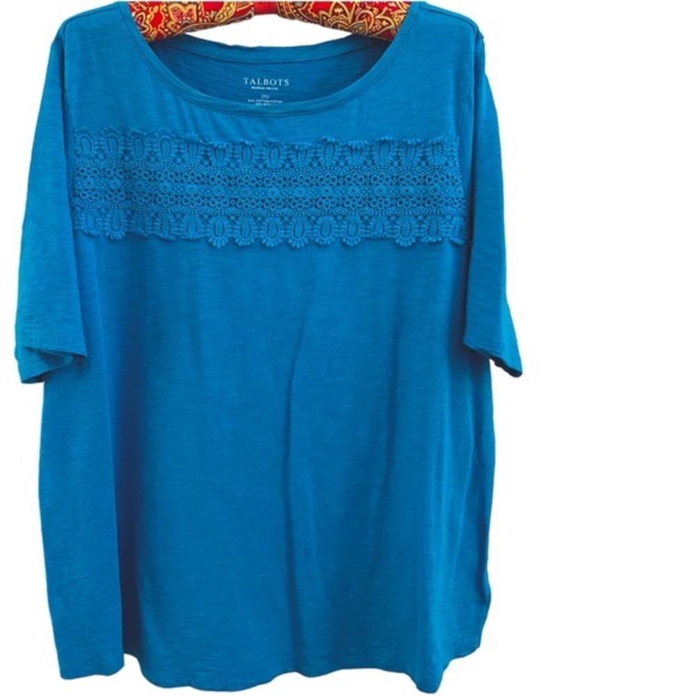 Talbots Blue Slub Short Sleeve Tee With Crochet Detail Across Front 2Xp